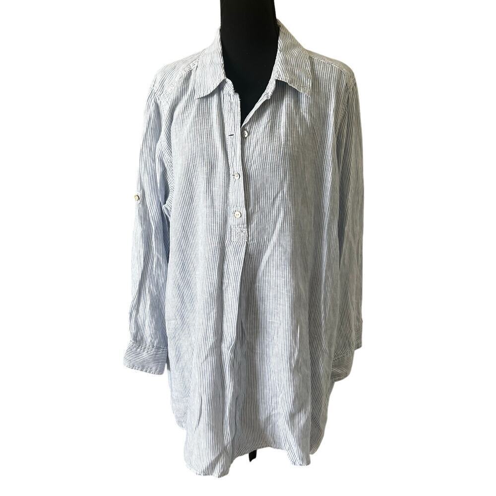 H&M B'B Women's Coastal 100% Linen Striped Tunic Top Blue White Size‎ US 18